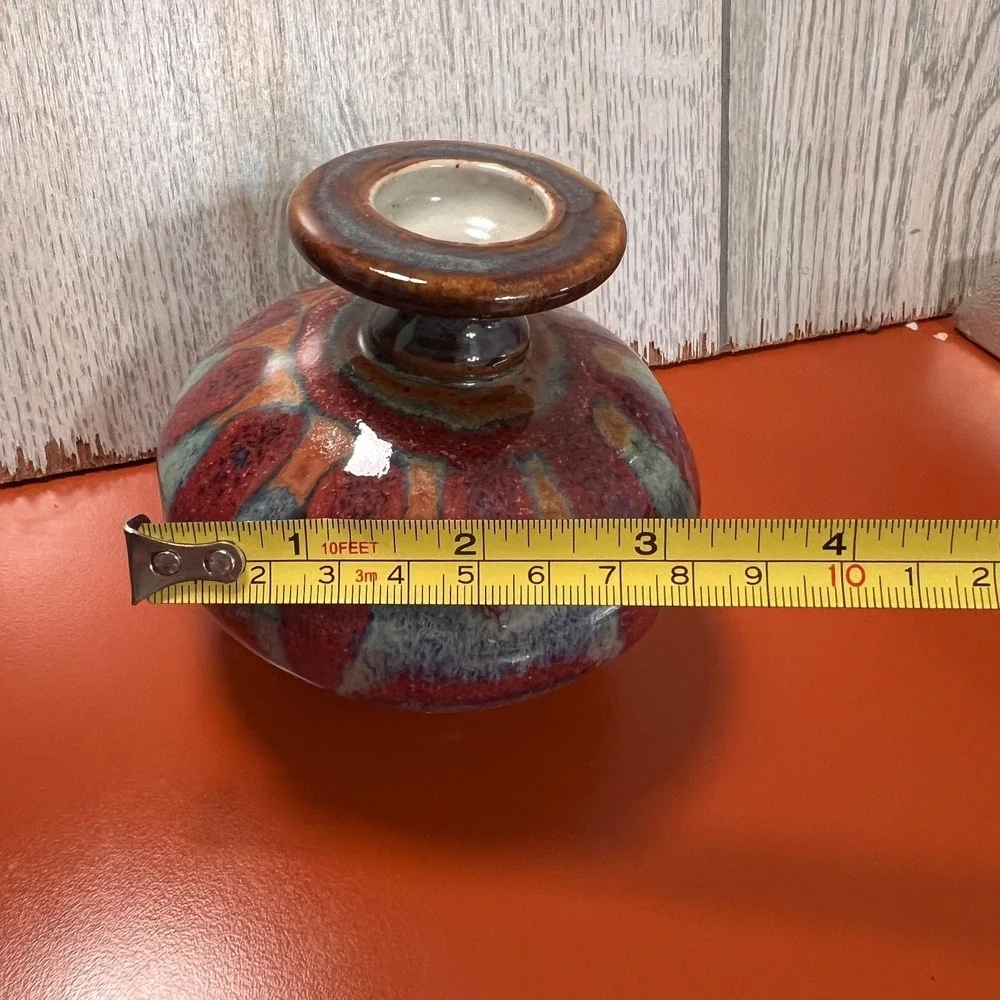 Quality‎ small pottery vase blues and pinks and teals, signed Vintage